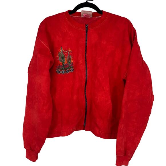 Ultimate Hanes Cotton Vintage 90s Zip Up Crewneck Cactus Desert Red Sweater M - Picture 1 of 6